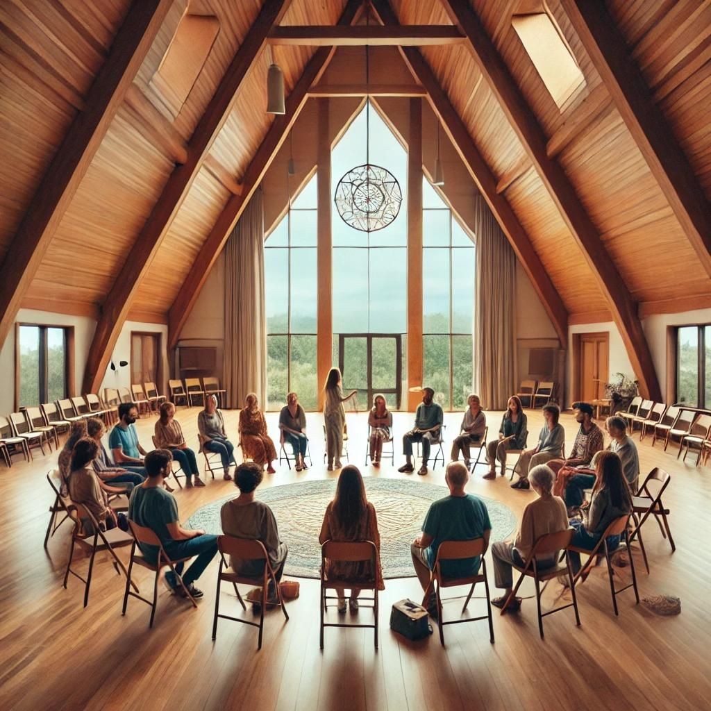 Un gruppo seduto in cerchio in una sala luminosa e serena, probabilmente durante una sessione di costellazioni familiari.